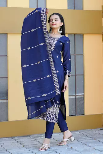 Navy Blue chinon with emboidery work Salwar suits 