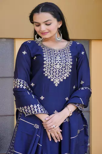 Navy Blue chinon with emboidery work Salwar suits 