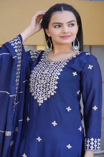 Navy Blue chinon with emboidery work Salwar suits 