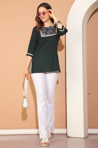 Bottle green poly silk printed traditional tunic