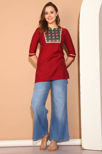 Red poly silk printed traditional tunic