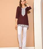 Wine rayon floral embroidered traditional tunic
