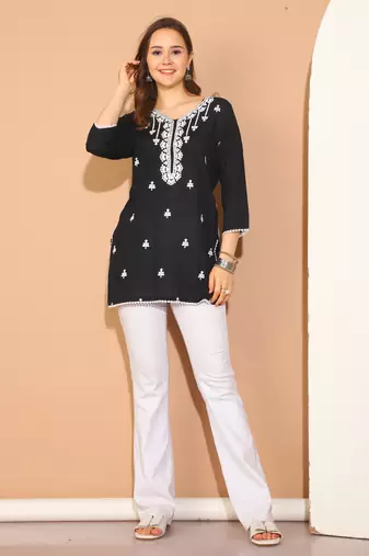 Black rayon floral embroidered traditional tunic
