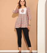 White & pink pure cotton jaipuri printed traditional tunic