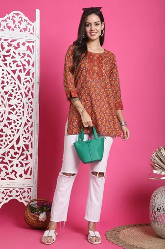 Orange pure cotton jaipuri printed traditional tunic