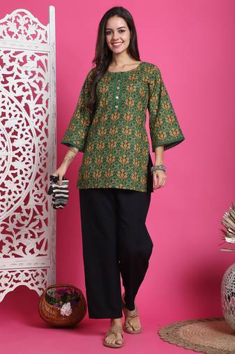 Green pure cotton jaipuri printed traditional tunic