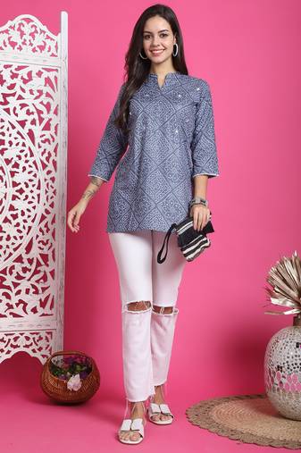 Grey & white pure cotton bandhani printed traditional tunic