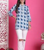 Teal blue & white pure cotton jaipuri printed traditional tunic