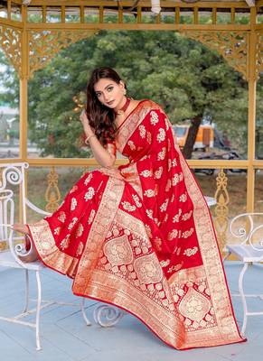 Red Color Banarasi Mushro Satin Sarees 3
