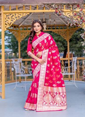 Pink Color Banarasi Mushro Satin Sarees 3