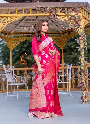 Pink Color Banarasi Mushro Satin Sarees 4