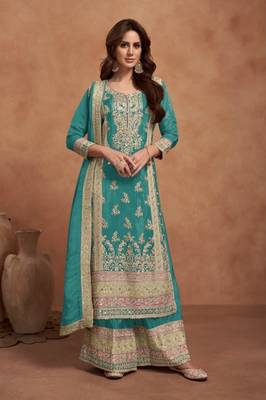 Teal green embroidered silk salwar suit 1