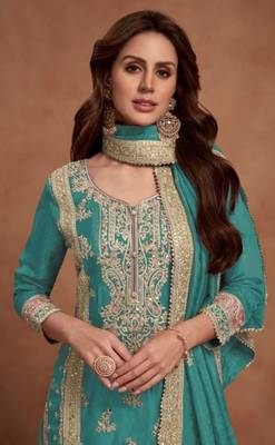 Teal green embroidered silk salwar suit 2