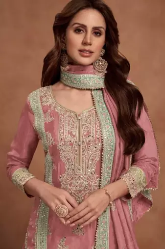 Dark peach embroidered silk salwar suit