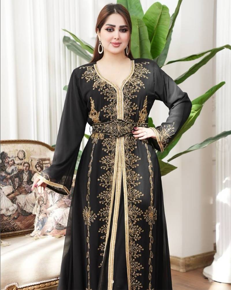 Black color luxurious Handmade Moroccan Kaftan with hijjab