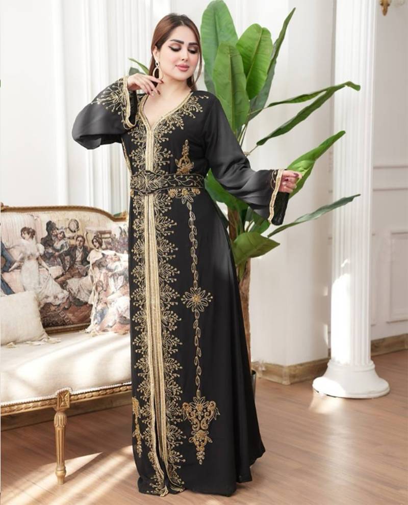 Black color luxurious Handmade Moroccan Kaftan with hijjab