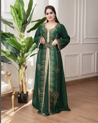 Dark Green color Handmade Moroccan Kaftan with hijjab 1