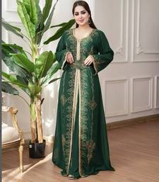 Dark Green color Handmade Moroccan Kaftan with hijjab