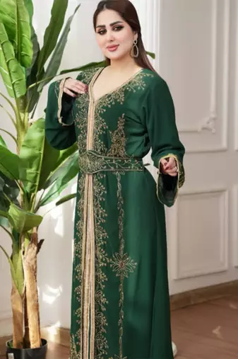 Dark Green color Handmade Moroccan Kaftan with hijjab