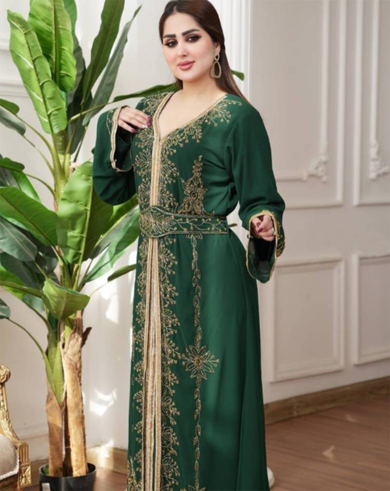 Dark Green color luxurious Handmade Moroccan Kaftan with hijjab