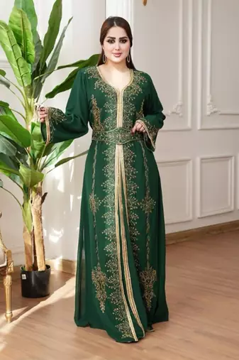 Dark Green color Handmade Moroccan Kaftan with hijjab