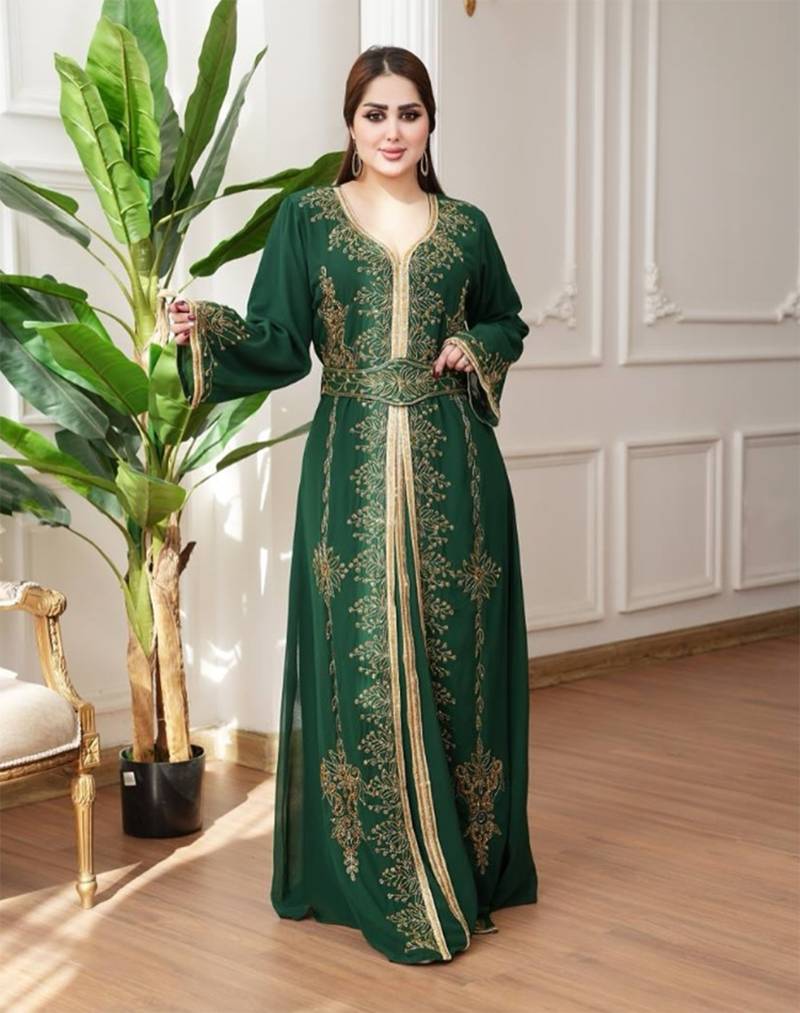 Dark Green color luxurious Handmade Moroccan Kaftan with hijjab