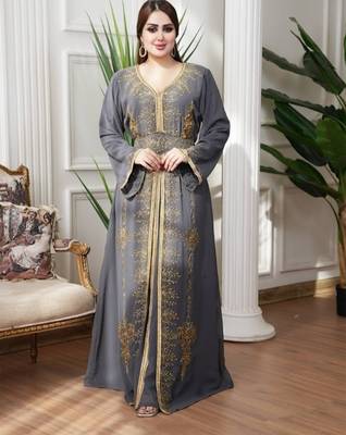 Gray color Handmade Moroccan Kaftan with hijjab 1