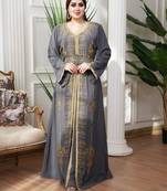 Gray color luxurious Handmade Moroccan Kaftan with hijjab