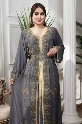Gray color Handmade Moroccan Kaftan with hijjab