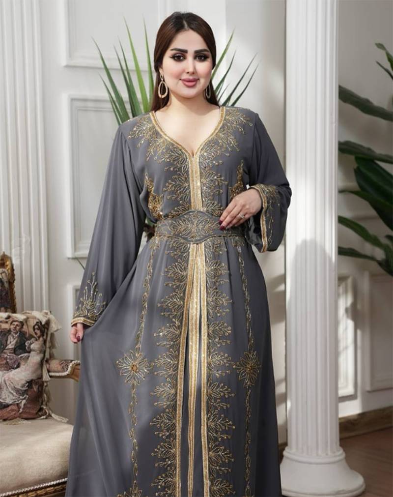 Gray color luxurious Handmade Moroccan Kaftan with hijjab