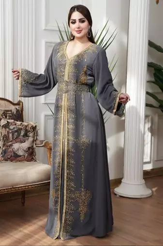 Gray color Handmade Moroccan Kaftan with hijjab