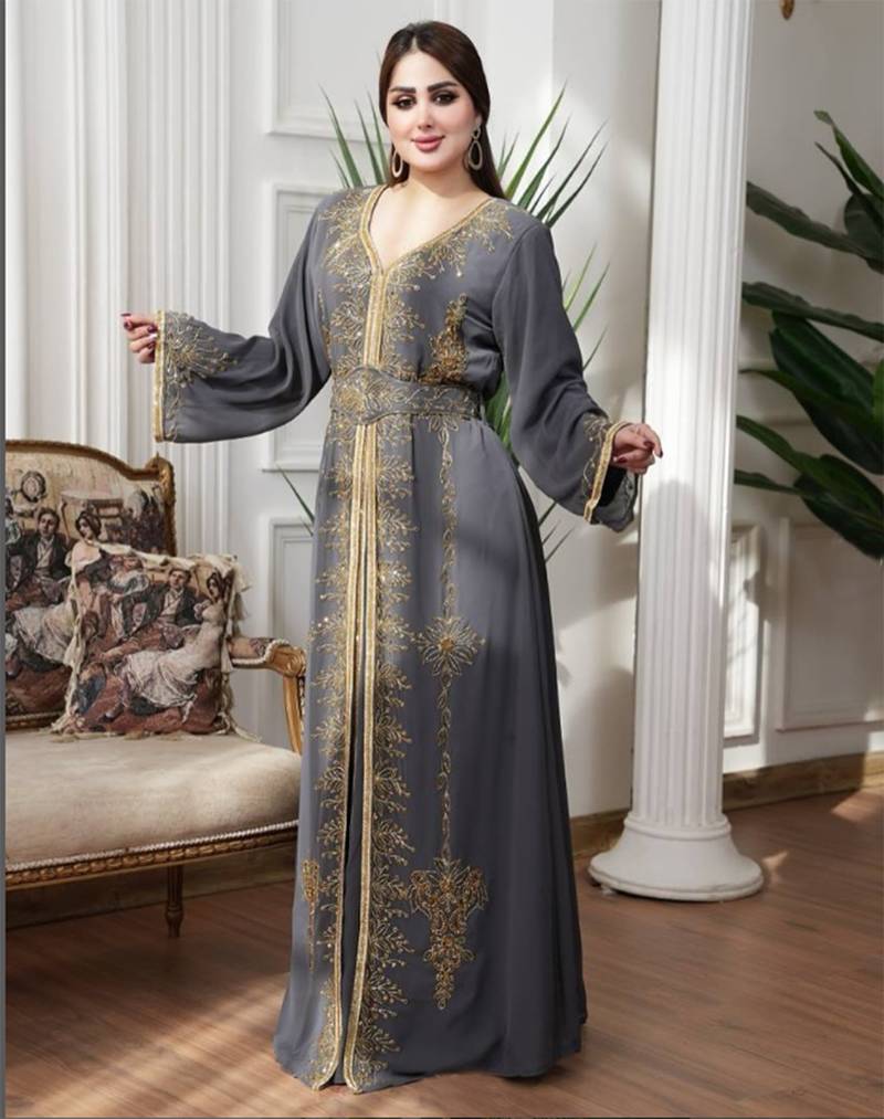 Gray color luxurious Handmade Moroccan Kaftan with hijjab