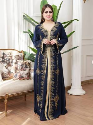 Navy Blue color Handmade Moroccan Kaftan with hijjab 1