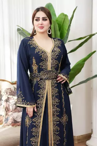 Navy Blue color Handmade Moroccan Kaftan with hijjab
