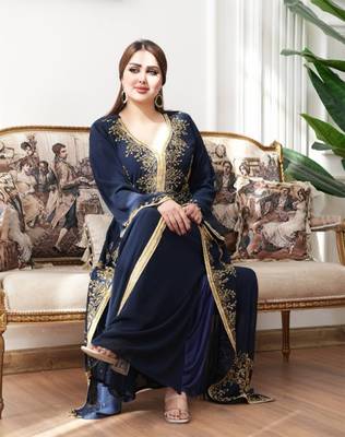 Navy Blue color Handmade Moroccan Kaftan with hijjab 3