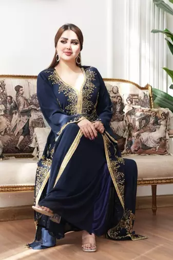 Navy Blue color Handmade Moroccan Kaftan with hijjab