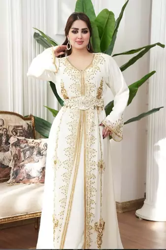 Off White color Handmade Moroccan Kaftan with hijjab
