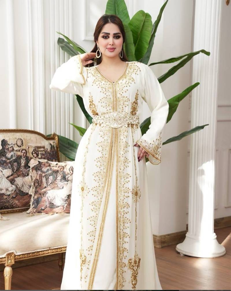 Off White color luxurious Handmade Moroccan Kaftan with hijjab