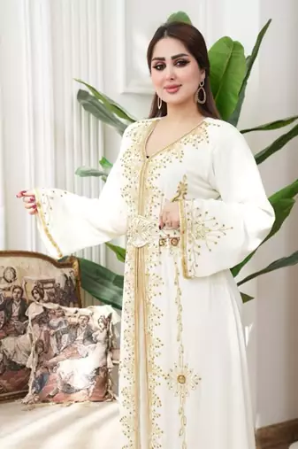 Off White color Handmade Moroccan Kaftan with hijjab