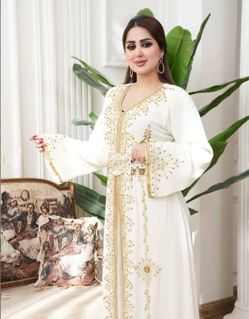 Off White color luxurious Handmade Moroccan Kaftan with hijjab