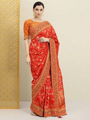 Women's silk embroidery saree with unstitched blouse piece 1