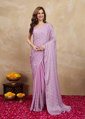 Pink chiffon swarovski work saree with unstitch blouse piece 1