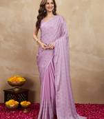 Pink chiffon swarovski work saree with unstitch blouse piece