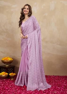 Pink chiffon swarovski work saree with unstitch blouse piece 2