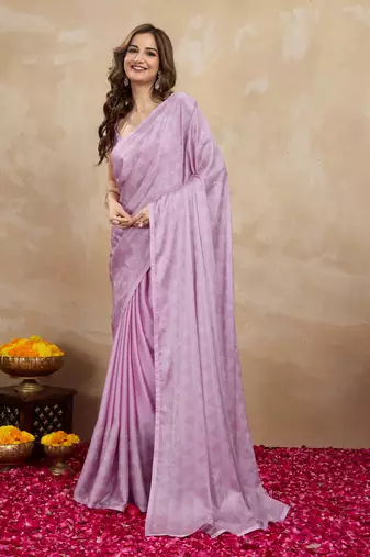 Trendmalls Pink chiffon swarovski work saree with unstitch blouse piece