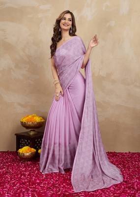 Pink chiffon swarovski work saree with unstitch blouse piece 4
