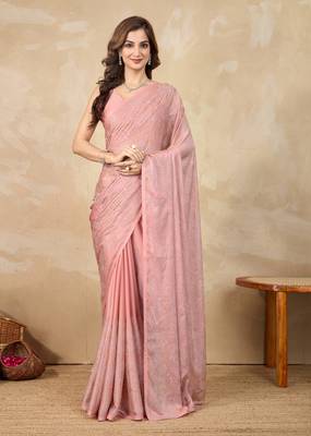 Orange chanderi silk blend swarovski work saree with unstitch blouse piece 1