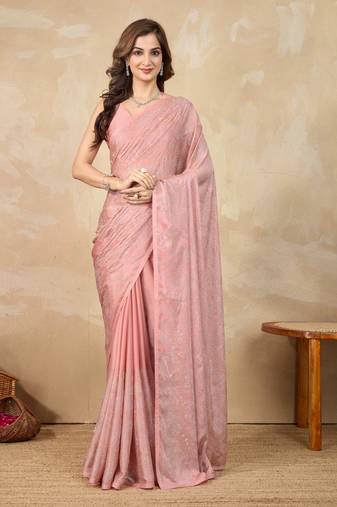 Orange chanderi silk blend swarovski work saree with unstitch blouse piece