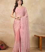 Trendmalls Orange chanderi silk blend swarovski work saree with unstitch blouse piece