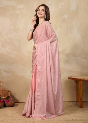Orange chanderi silk blend swarovski work saree with unstitch blouse piece 3